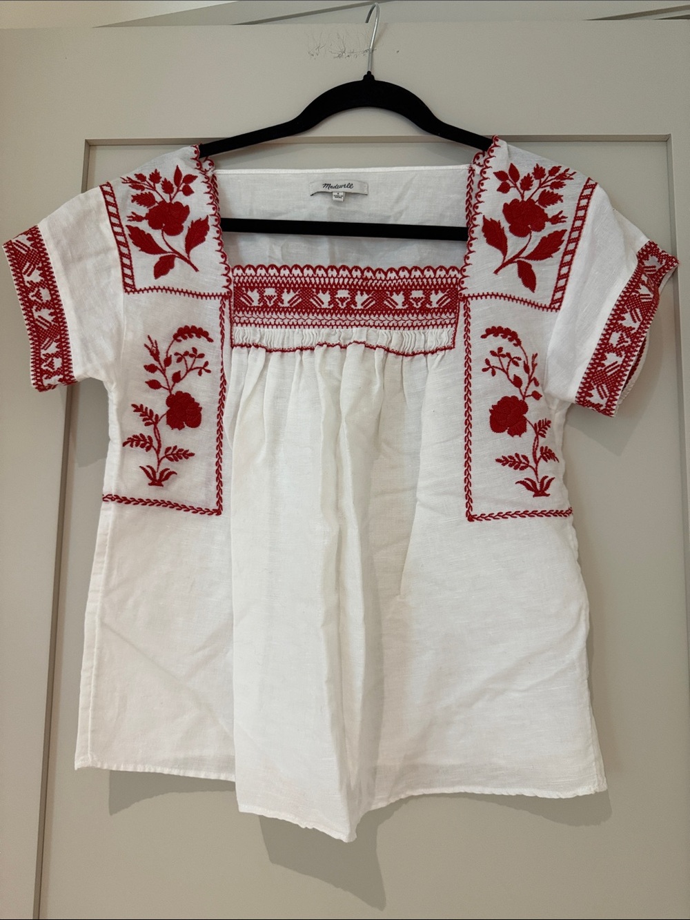 Madewell Embroidered Peasant Top with Red Floral Accents